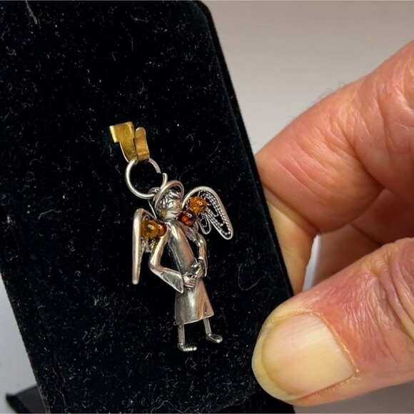 Sterling Silver Guardian Angel Pendant With Cognac Amber Detail Women's Jewelry - Picture 11 of 14